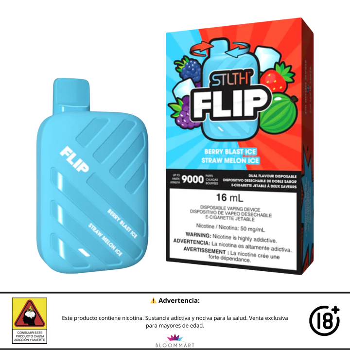 STLTH Flip 9000 puffs con doble sabor Berry Blast Ice y Straw Melon Ice.