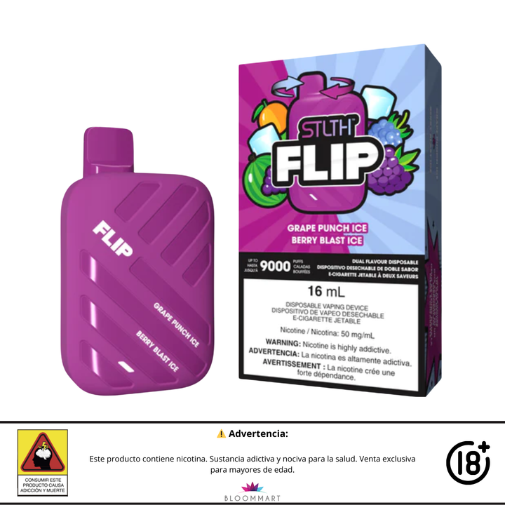 STLTH Flip 9000 puffs con doble sabor Grape Punch Ice y Berry Blast Ice.
