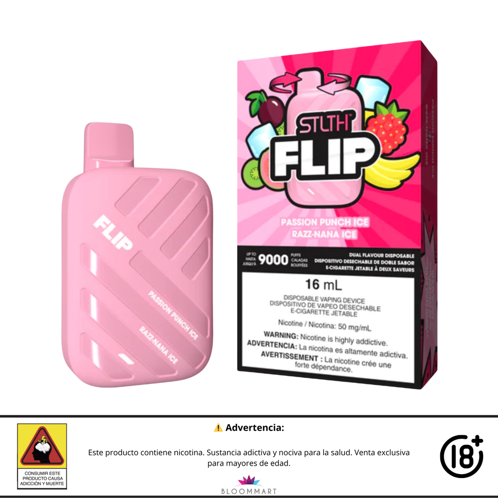 Vaporizador STLTH Flip 9000 puffs con sabores Passion Punch Ice y Razz-Nana Ice.