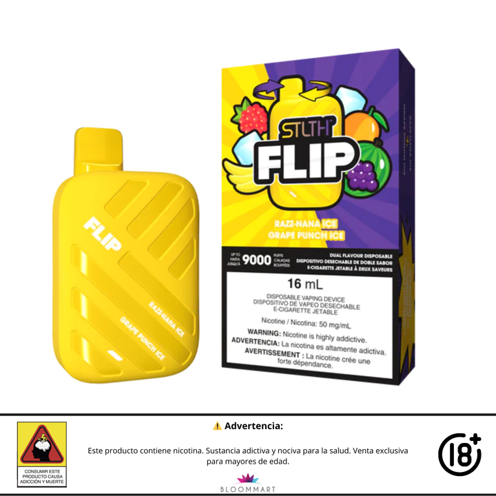 Vaporizador desechable STLTH Flip 9000 puffs con sabores Razz-Nana Ice y Grape Punch Ice.