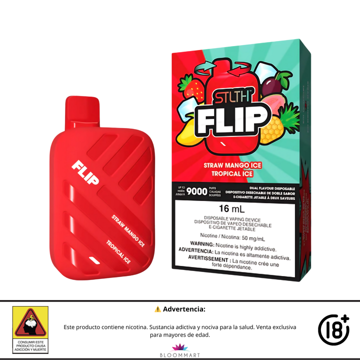 Vaporizador STLTH Flip 9000 puffs con doble sabor Straw Mango Ice y Tropical Ice.