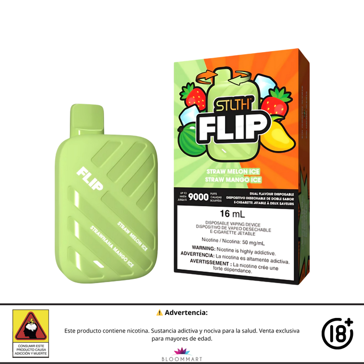 STLTH Flip 9000 puffs desechable con sabores Straw Melon Ice y Straw Mango Ice.
