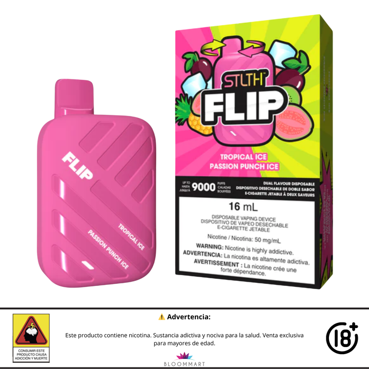 Vaporizador desechable STLTH Flip 9000 puffs sabor Tropical Ice y Passion Punch Ice.