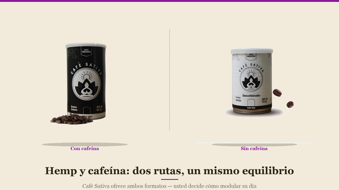Café Sativa Tradicional con cafeína y Descafeinado lado a lado — dos rutas, un mismo equilibrio entre hemp y cafeína