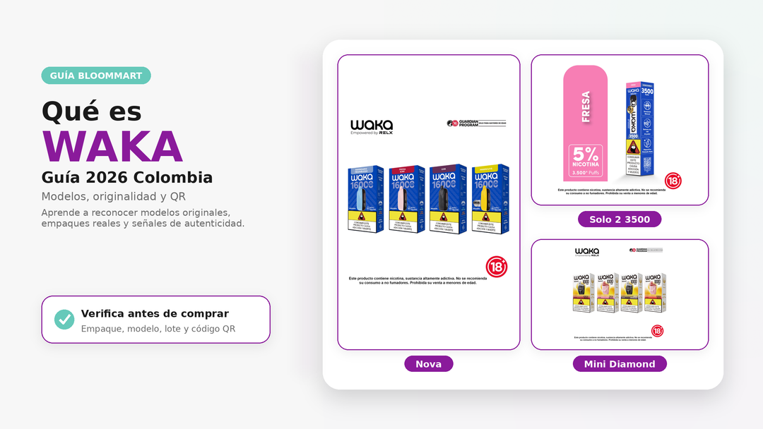 Portada de la guía Qué es WAKA 2026: modelos originales de vapes WAKA en Colombia — Nova, Solo 2 y Mini Diamond