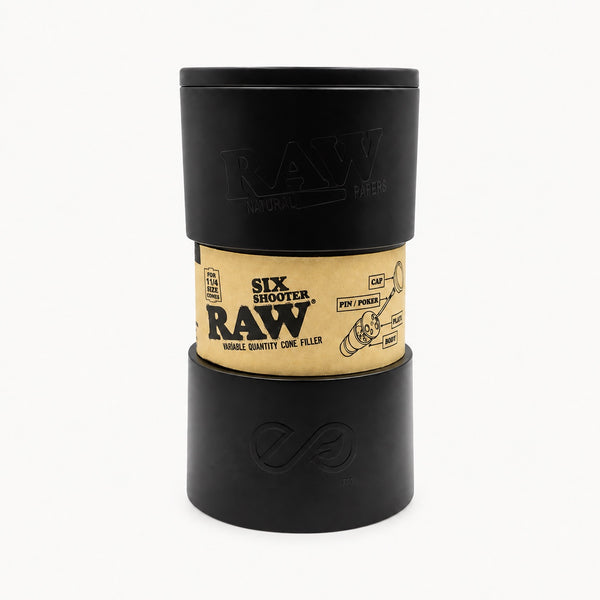 RAW Six Shooter 1 1/4 armado, con la banda kraft que rotula FOR 1 1/4 SIZE CONES y nombra sus cuatro piezas