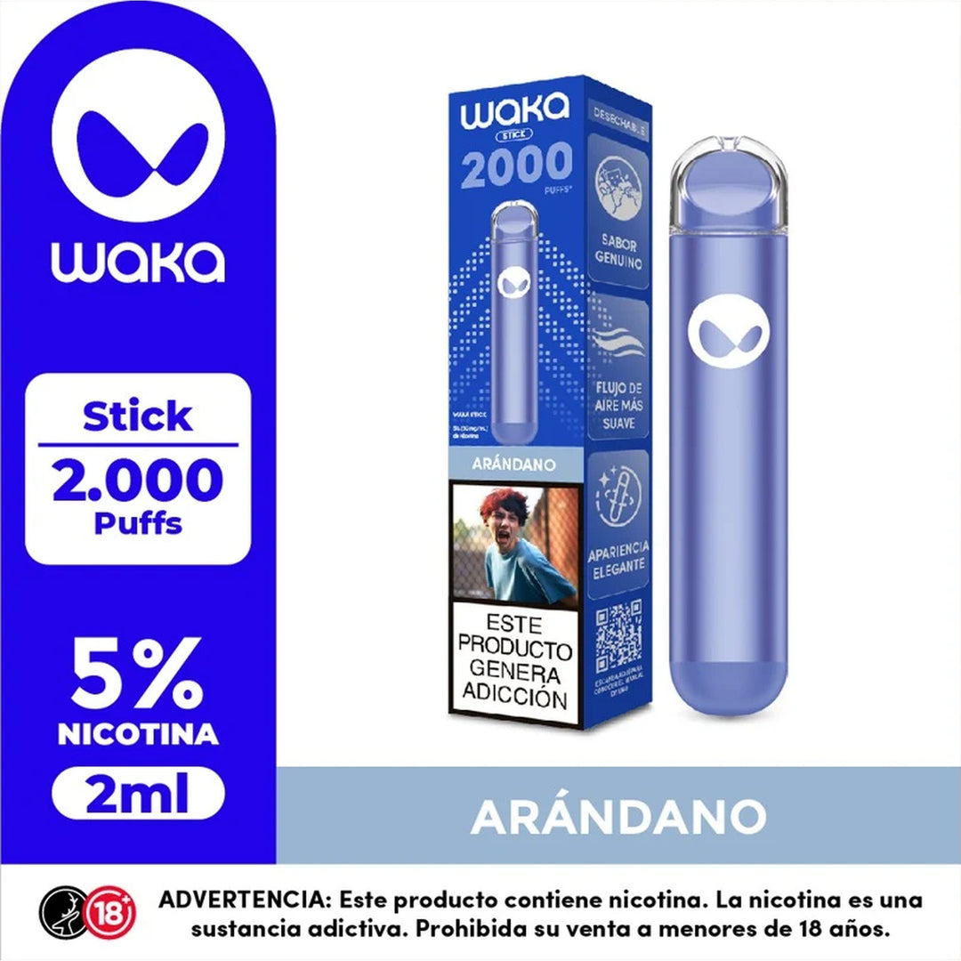 WAKA Stick 2K sabor Arándano junto a su empaque, vape desechable de 2000 puffs