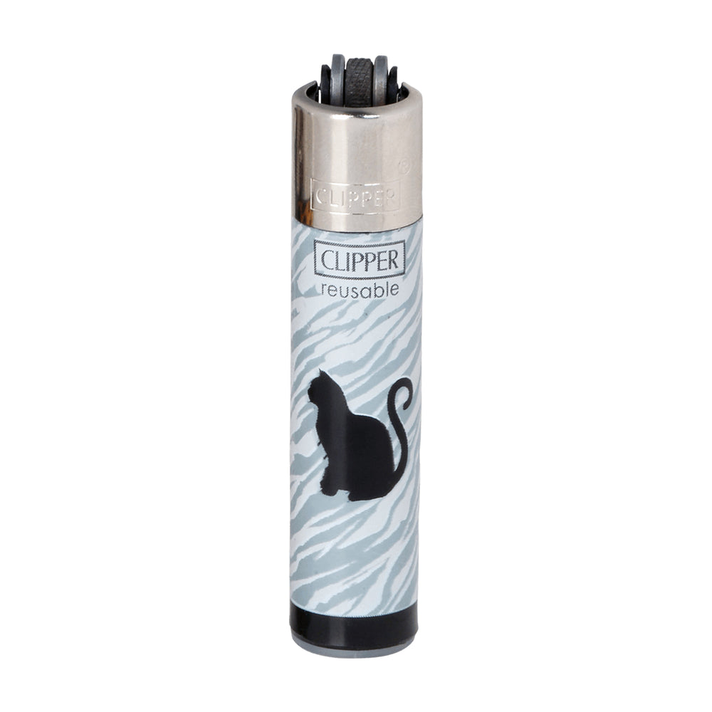 Encendedor de colección Clipper CP22 gris con silueta de gato sentado y ruedecilla a la vista