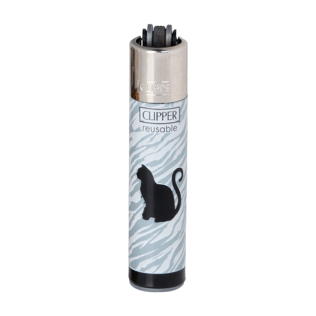 Encendedor de colección Clipper CP22 gris con silueta de gato sentado y ruedecilla a la vista