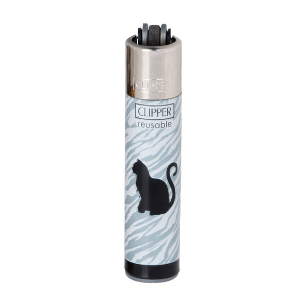 Encendedor de colección Clipper CP22 gris con silueta de gato sentado y ruedecilla a la vista