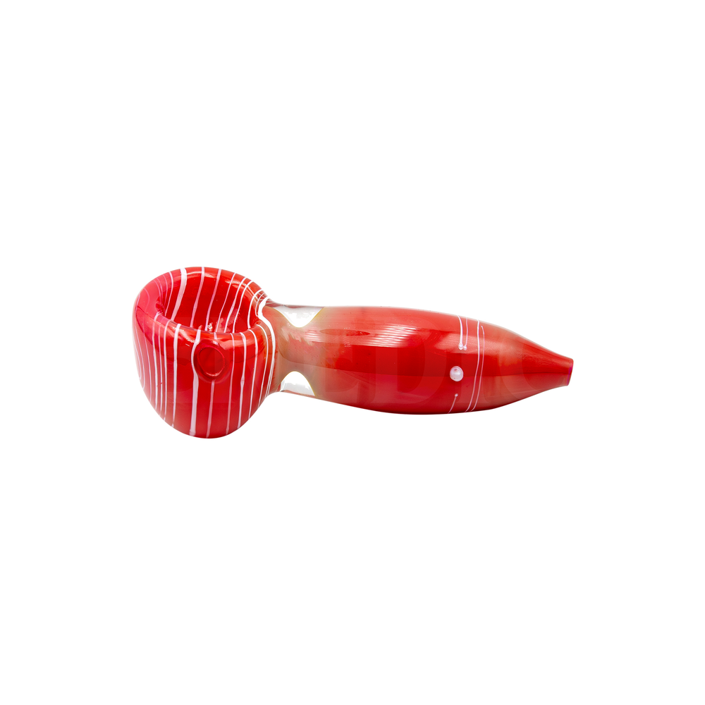Pipa de vidrio roja con línea blanca, vista lateral completa