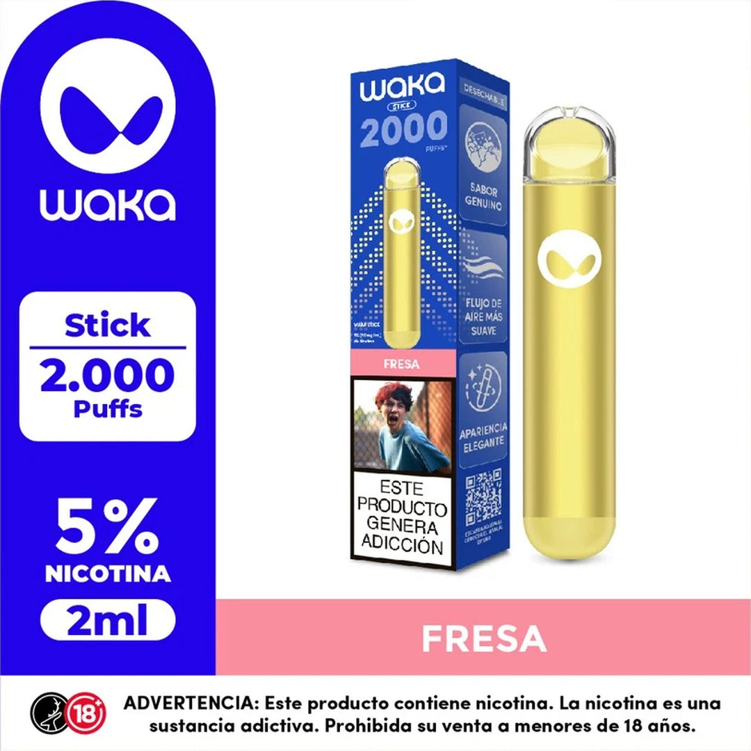 WAKA Stick 2K sabor Fresa junto a su empaque, vape desechable de 2000 puffs