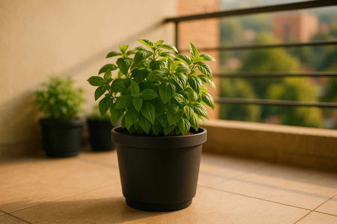 Matera plástica negra con planta de albahaca en balcón colombiano con luz natural