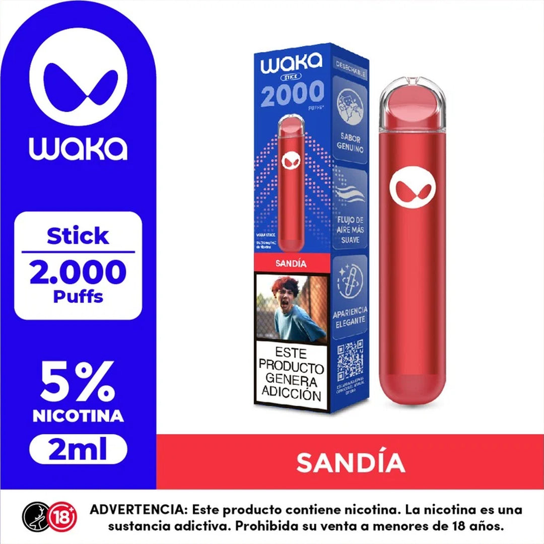 WAKA Stick 2K sabor Sandía junto a su empaque, vape desechable de 2000 puffs