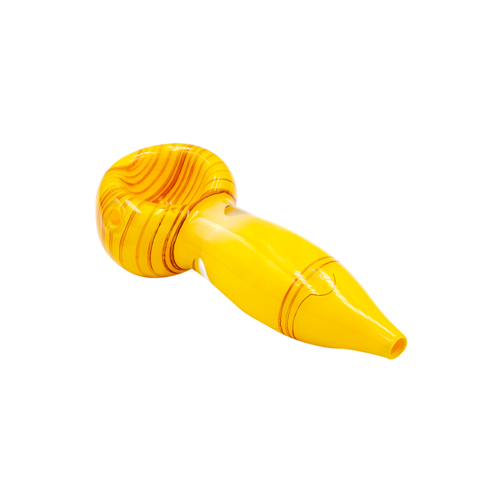 Pipa de vidrio amarilla con línea naranja, vista diagonal