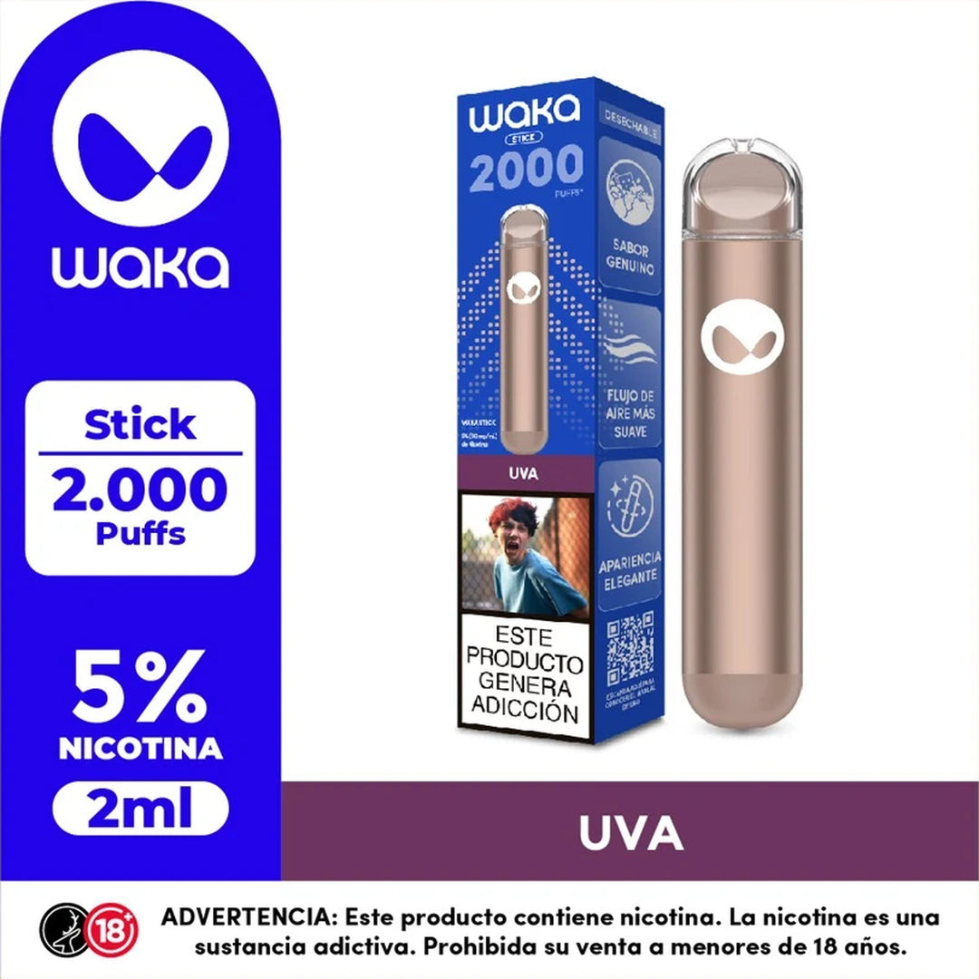 WAKA Stick 2K sabor Uva junto a su empaque, vape desechable de 2000 puffs