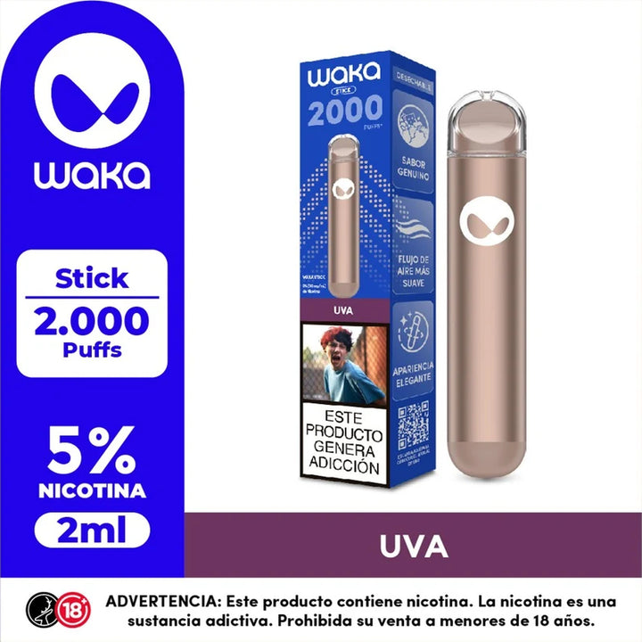 WAKA Stick 2K sabor Uva junto a su empaque, vape desechable de 2000 puffs
