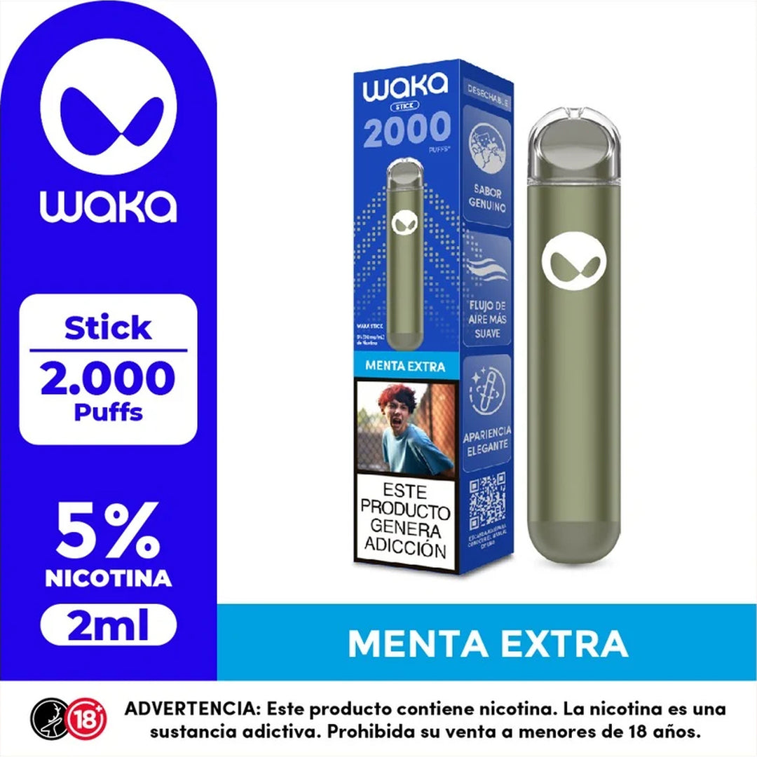 WAKA Stick 2K sabor Menta Extra junto a su empaque, vape desechable de 2000 puffs