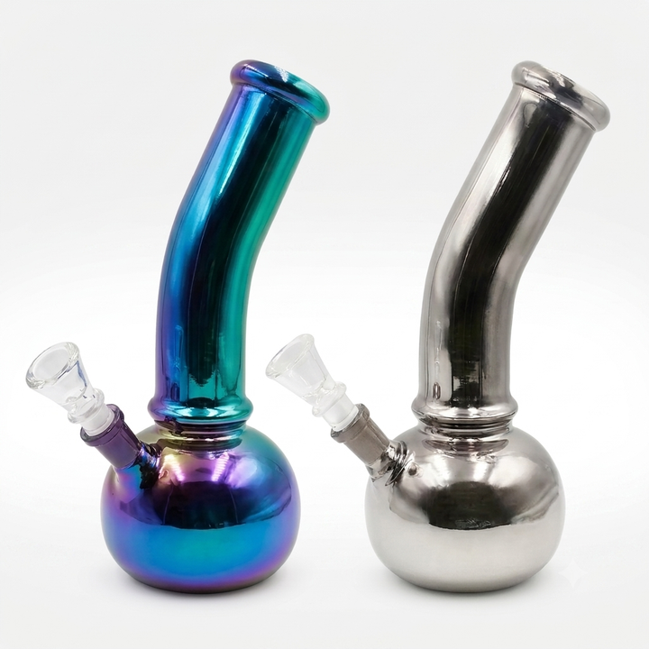 Bong de vidrio metalizado base burbuja en acabados tornasol y plateado, cuello curvo