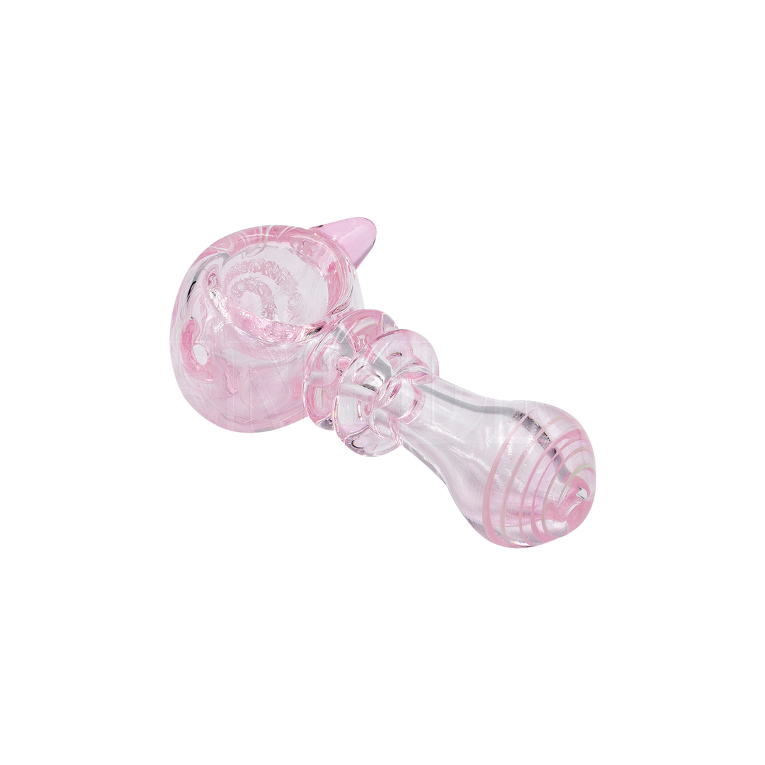 Pipa pequeña de vidrio rosa, casi transparente, con las vetas rosadas