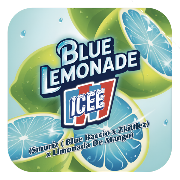 Cara frontal de la etiqueta de Blue Lemonade Icee de Black Tuna Seeds, con el linaje Smurfz (Blue Baccio x Zkittlez) x Limonada de Mango impreso en la franja inferior
