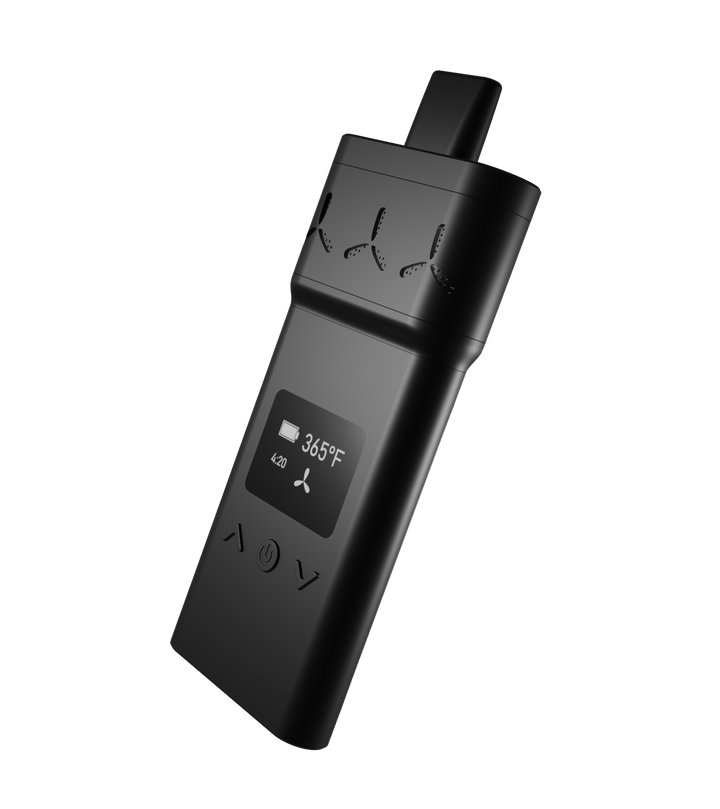AirVape X en acabado negro, vaporizador de hierbas secas, encendido y de frente