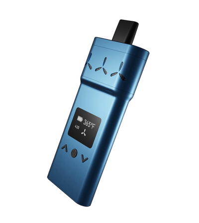 AirVape X en acabado azul metálico, vaporizador de hierbas secas, visto de frente