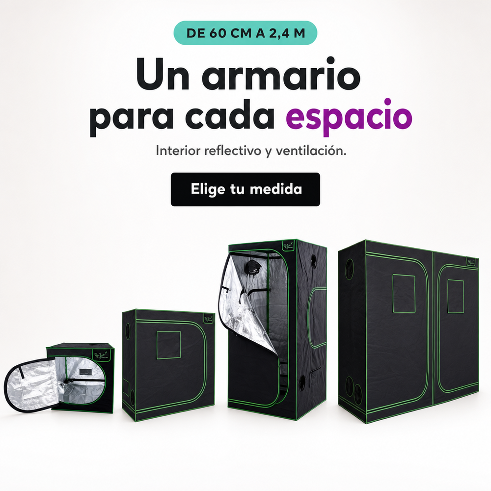 Armarios de cultivo Bloommart: cuatro medidas, interior reflectivo y ventilación.