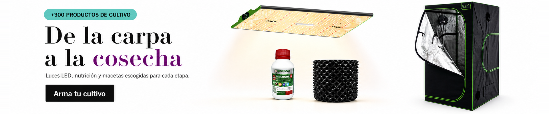 Grow Shop Bloommart: de la carpa a la cosecha — armario de cultivo, panel LED ViparSpectra, nutriente Bionova y maceta AirPOT