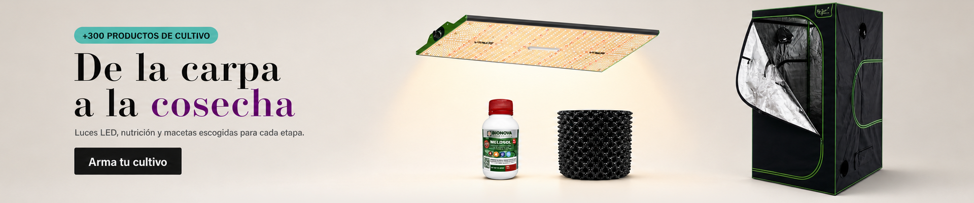 Grow Shop Bloommart: de la carpa a la cosecha — armario de cultivo, panel LED ViparSpectra, nutriente Bionova y maceta AirPOT