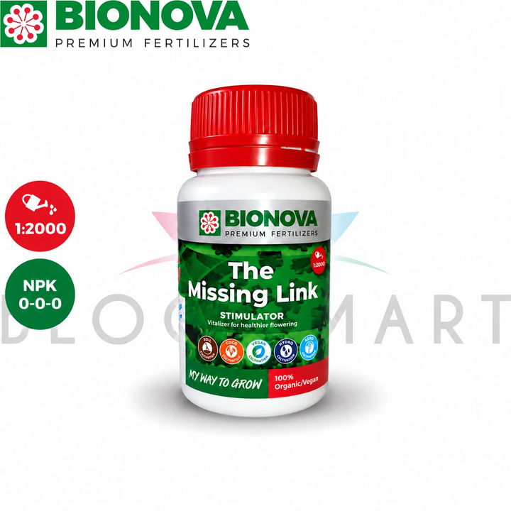 Bionova The Missing Link 100 ml, estimulador con ácido fúlvico, frasco blanco con tapa roja y sello de dilución 1:2000