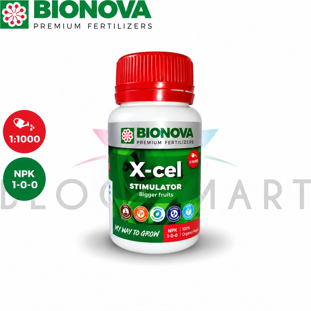 Bionova X-cel 100 ml, estimulador de crecimiento y floración, frasco con tapa roja y sellos de dilución 1:1000 y NPK 1-0-0