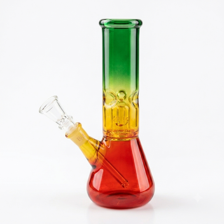 Bong rasta de vidrio de 8 pulgadas con base beaker y bowl, degradado verde amarillo y rojo