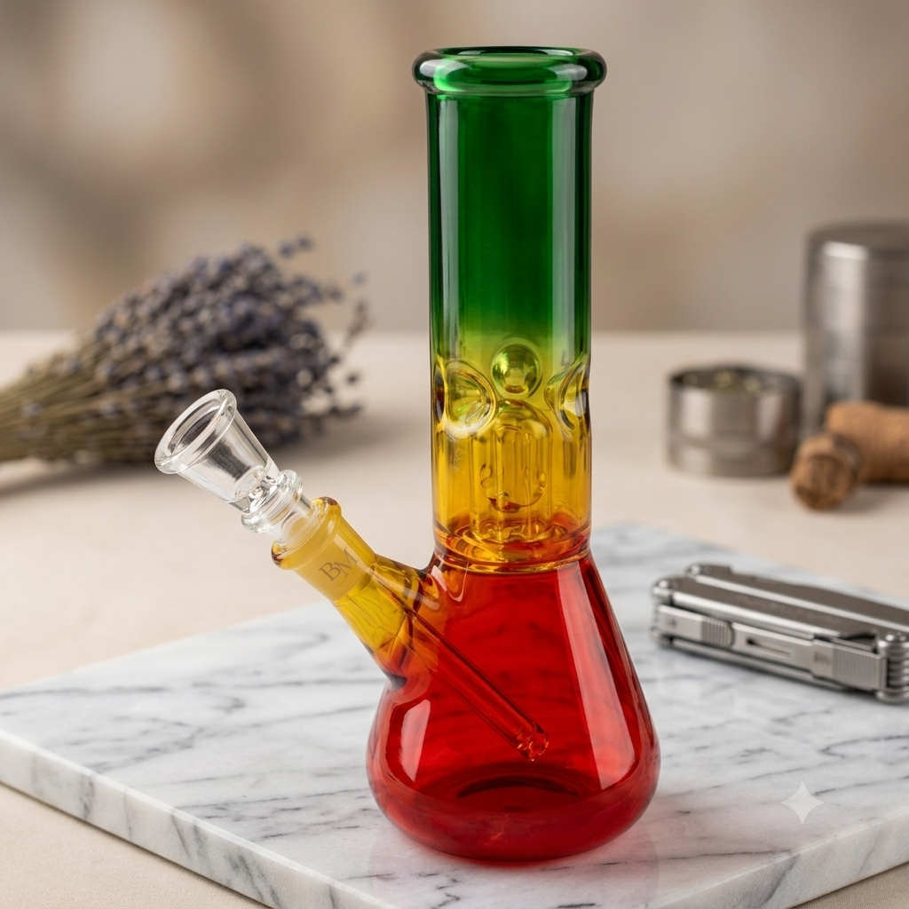 Bong rasta de vidrio tricolor sobre superficie de mármol junto a un grinder y un encendedor