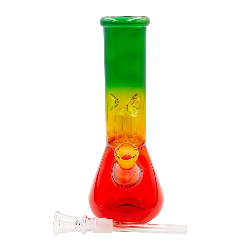 Bong rasta con bowl ámbar y downstem de vidrio de 14 mm desmontados al frente