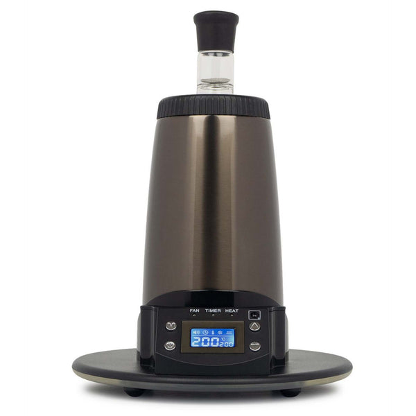 Arizer Extreme Q con el Glass Cyclone Bowl montado sobre el equipo y el panel mostrando la temperatura