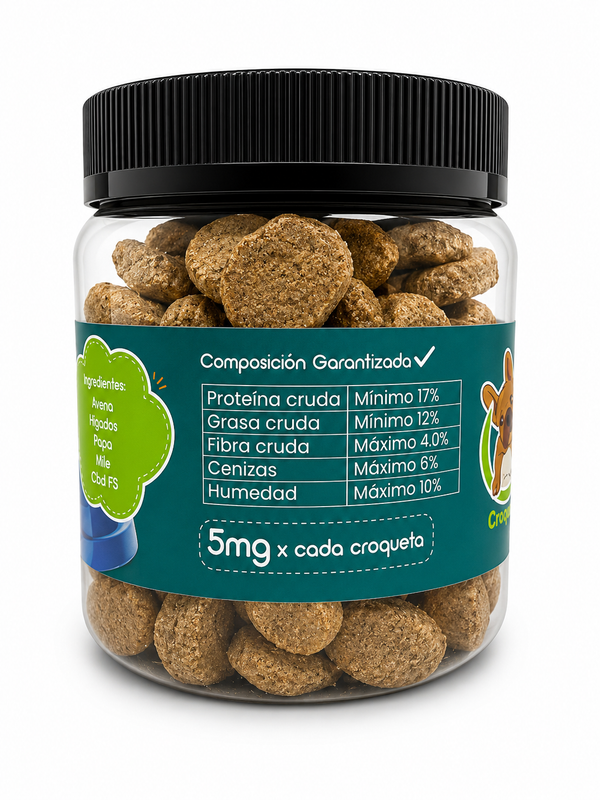 Composición garantizada de las galletas CBD para perros: proteína, grasa, fibra y 5 mg de CBD por croqueta