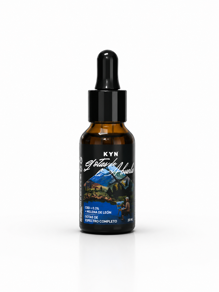 Frasco gotero ámbar de las Gotas de la Abuela KYN con CBD de espectro completo y melena de león