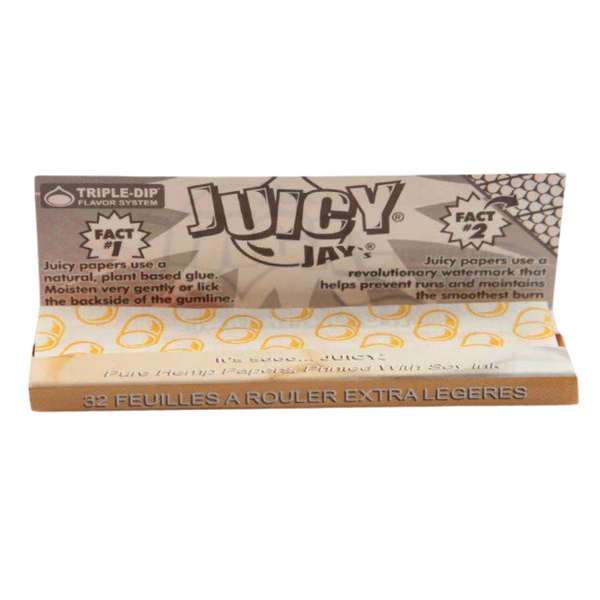 Solapa interior del librillo Juicy Jay's Marshmallow con el sistema Triple-Dip y la nota de la marca de agua