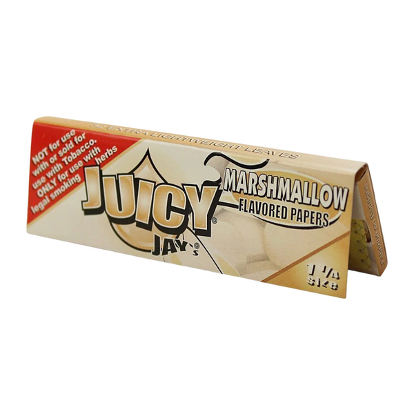 Librillo Juicy Jay's Marshmallow 1¼ abierto, con el canto que imprime 32 hojas extra livianas