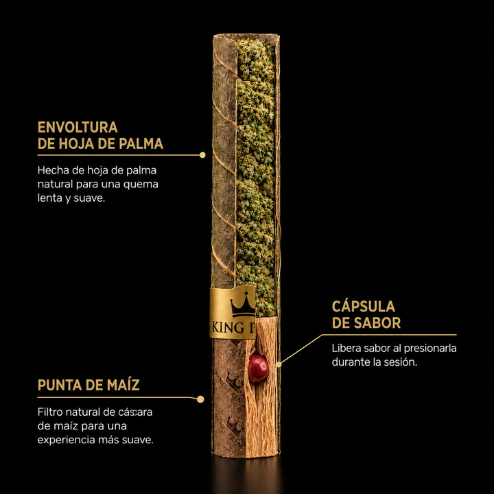 Anatomia King Palm: envoltura de hoja de palma, capsula de sabor y punta de maiz