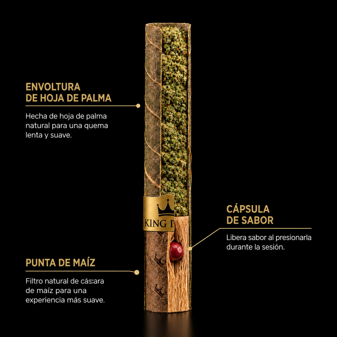 Anatomía del King Palm: envoltura de hoja de palma, punta de maíz y cápsula de terpenos