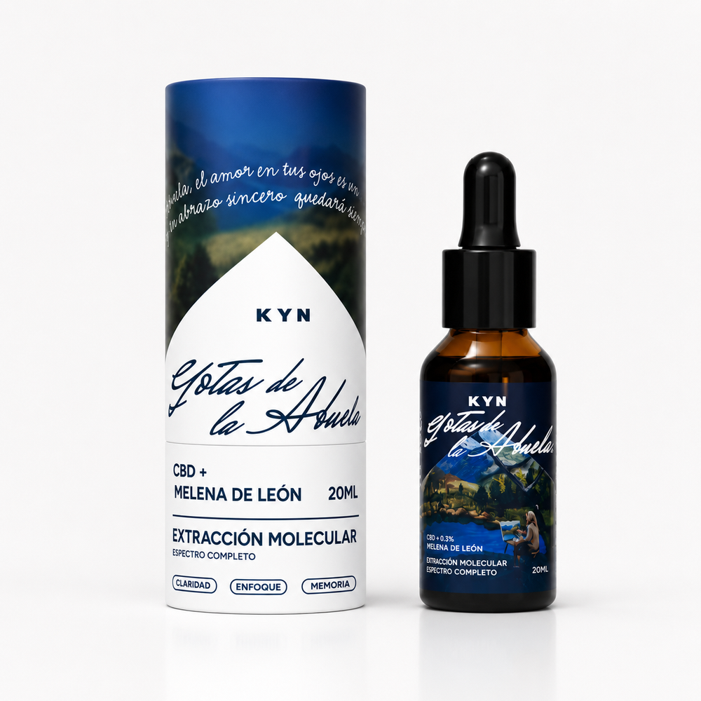 Gotas de la Abuela KYN: CBD con melena de león, empaque y frasco gotero de 20 ml