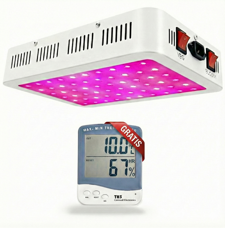 Panel LED 600W de espectro completo para cultivo indoor con modos VEG y BLOOM