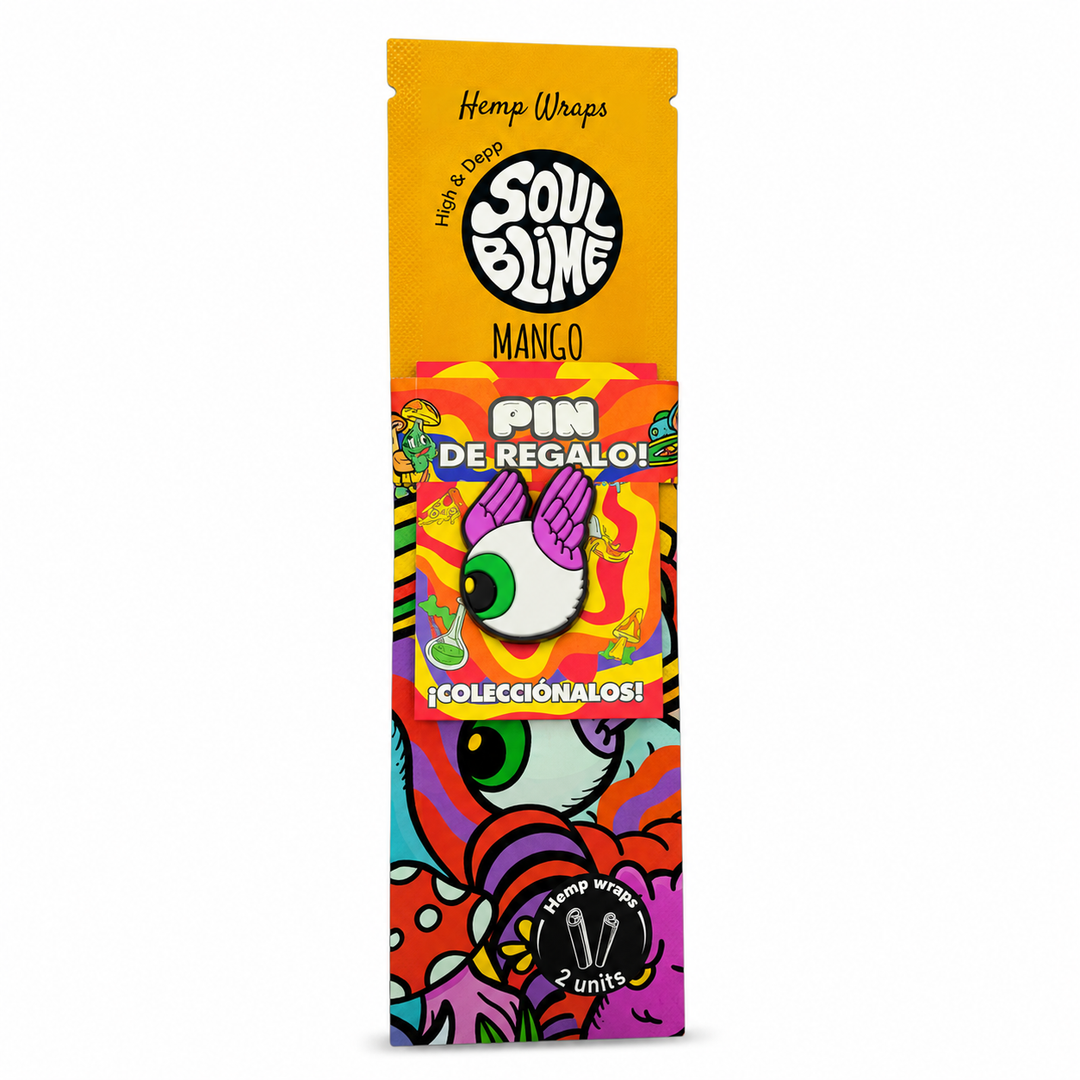 Sobre naranja del hemp wrap Soulblime sabor Mango con su pin ojo alado