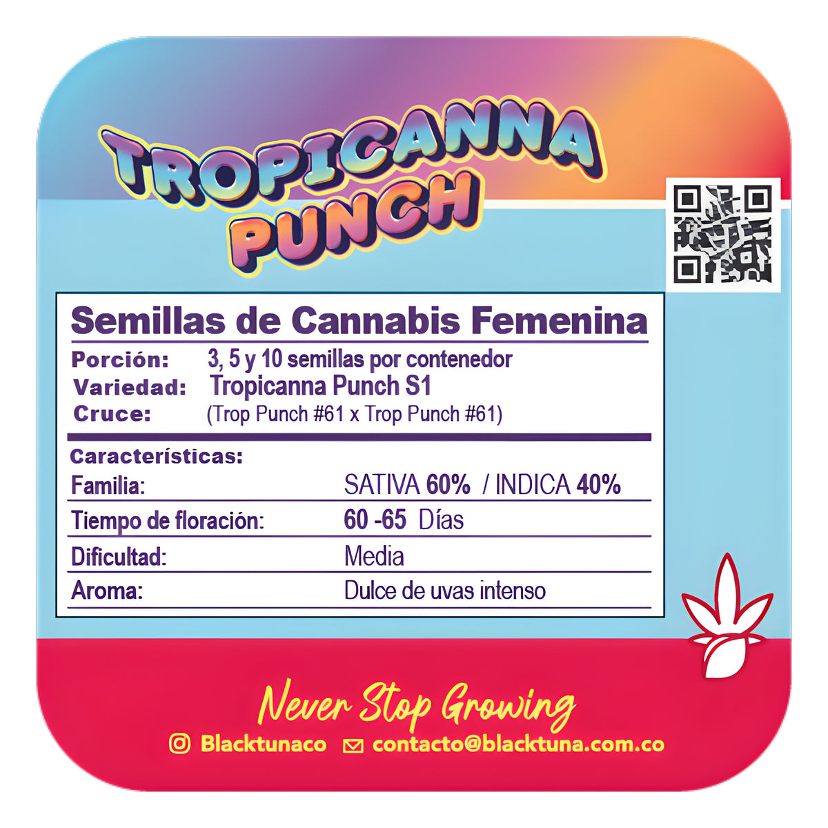 Reverso de la etiqueta de Tropicanna Punch con la ficha impresa: familia, tiempo de floración, dificultad y aroma