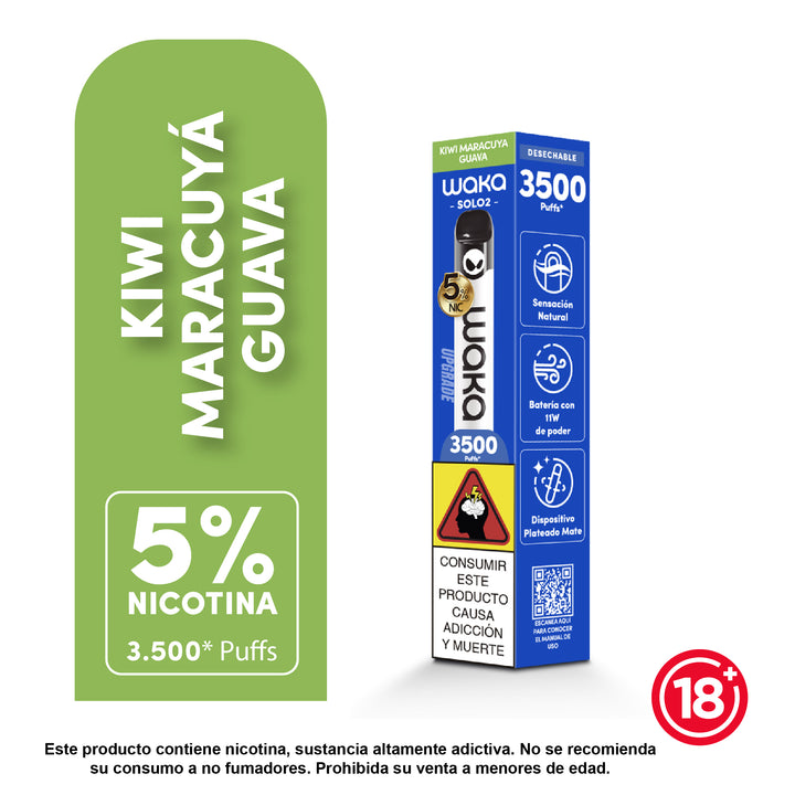 Vaporizador Waka Solo 2 desechable 3500 puffs sabor kiwi maracuyá guava 5% nicotina