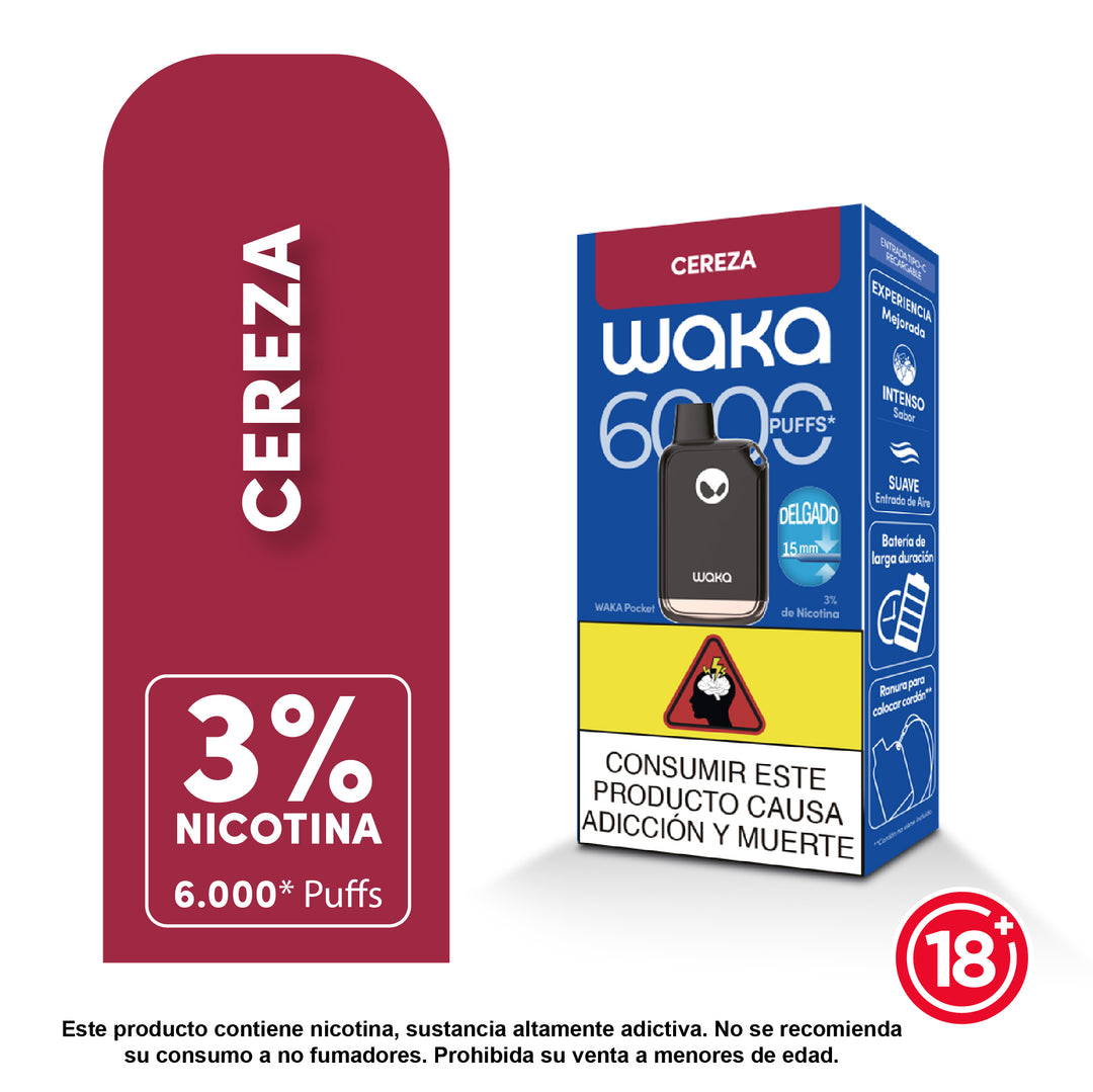 Vaporizador desechable WAKA Pocket 6000 puffs sabor cereza con 3% de nicotina