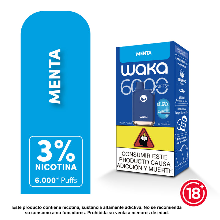 Vaporizador desechable WAKA Pocket 6000 puffs sabor menta con nicotina 3%
