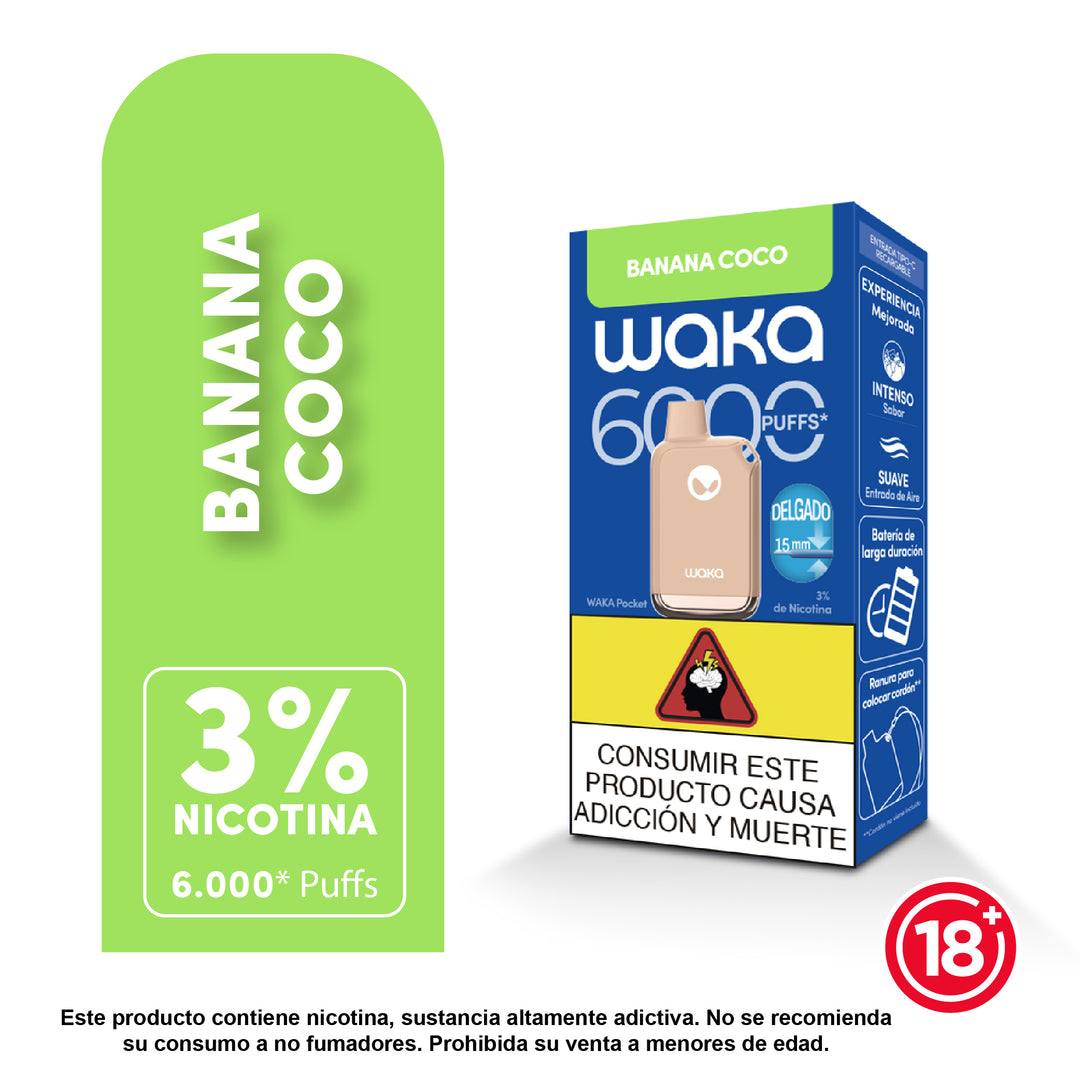 Vaporizador desechable WAKA Pocket 6000 puffs sabor banana coco con nicotina 3%
